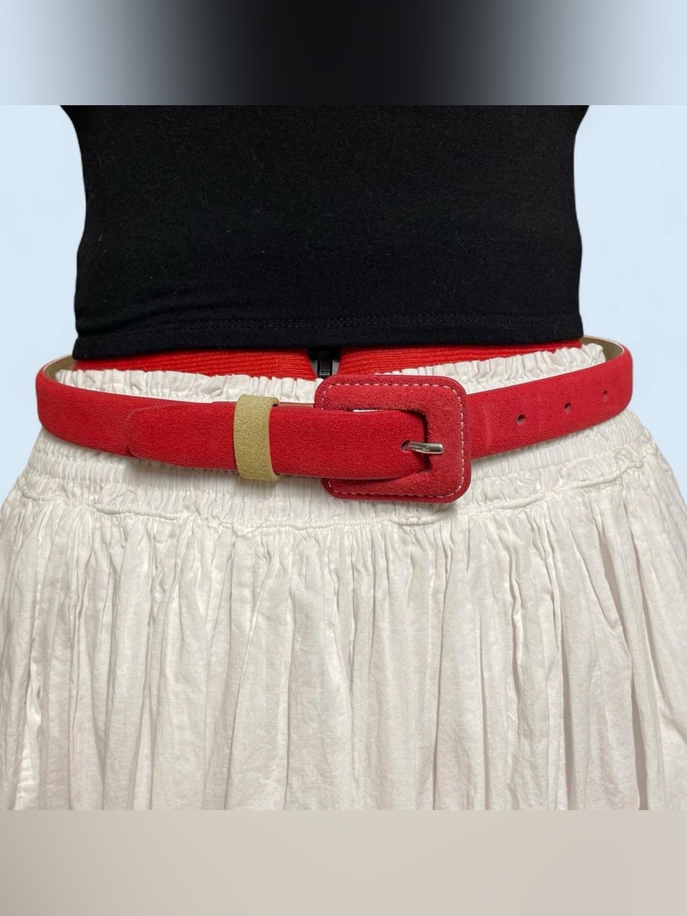 Red Suede Belt with Square Buckle